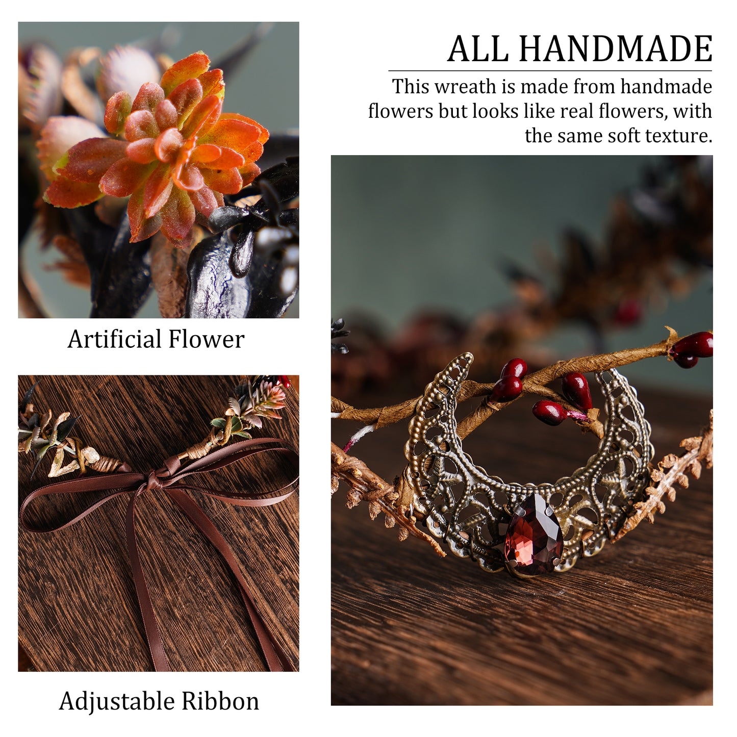 Moon Flower Crown Headpiece: Burgundy Floral Elf Circlet