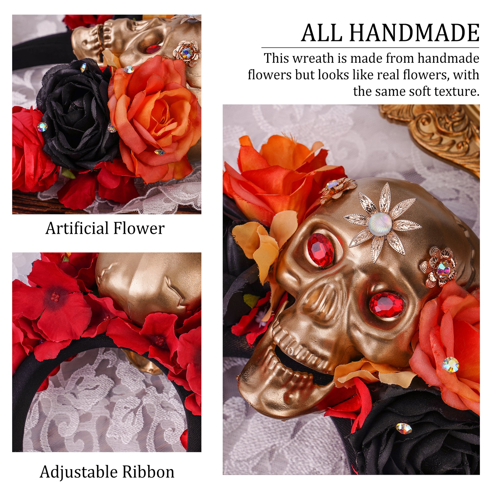 MOSTORY Handmade Black Mexican Flower Crown for Witch Gold Skull