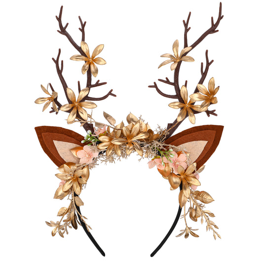 Handmade Branch Antler Headband - Woodland Flower Hairband with Reindeer Ears Fairy Forest Headpiece