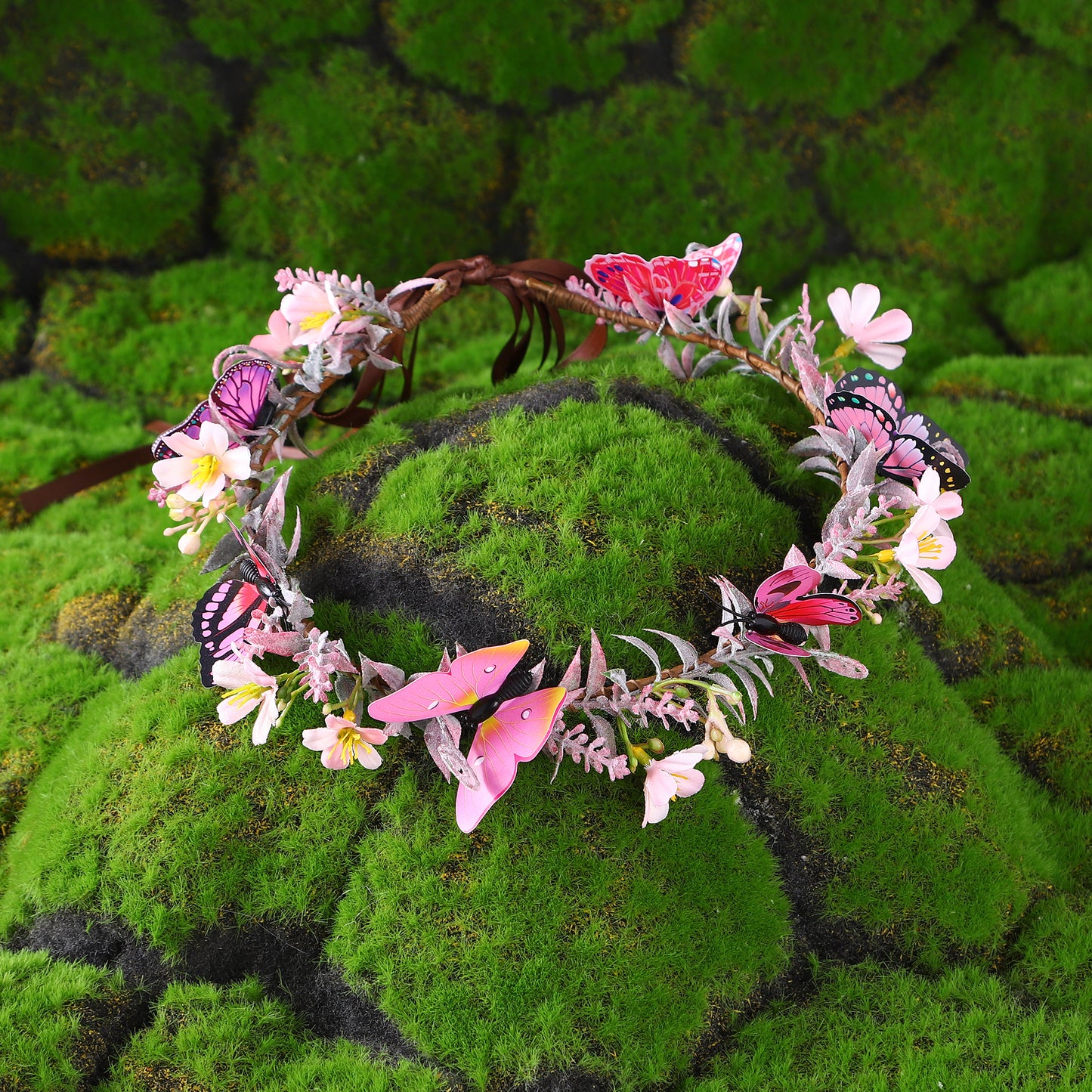 Handmade Pink Flower Butterfly Crown - Floral Elf Crown Woodland Fairy Headpiece Forest ELven Circlet