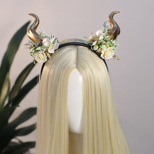 Gold Flower Horns Headband - Devil Horns Hairband Floral Horn