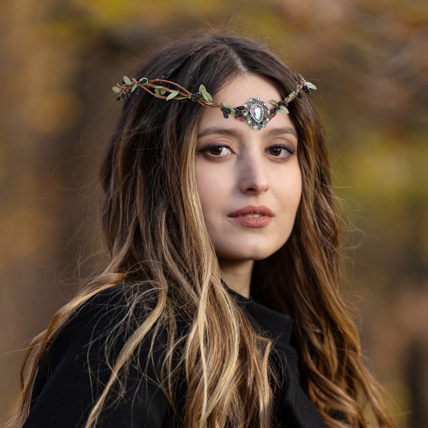 Woodland Forest Crown Black Twigs: Elf Vine Headpiece, Colored Crystal Circlet