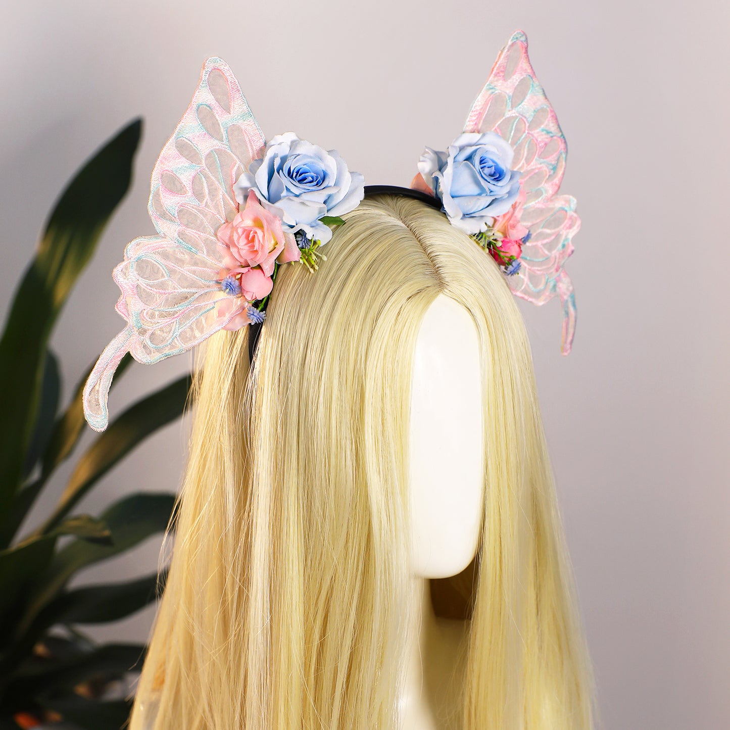 Blue Fairy Butterfly Crown - Flower Headband Wings Woodland Hairband Forest Elven Headpiece Fairy Costume for Women