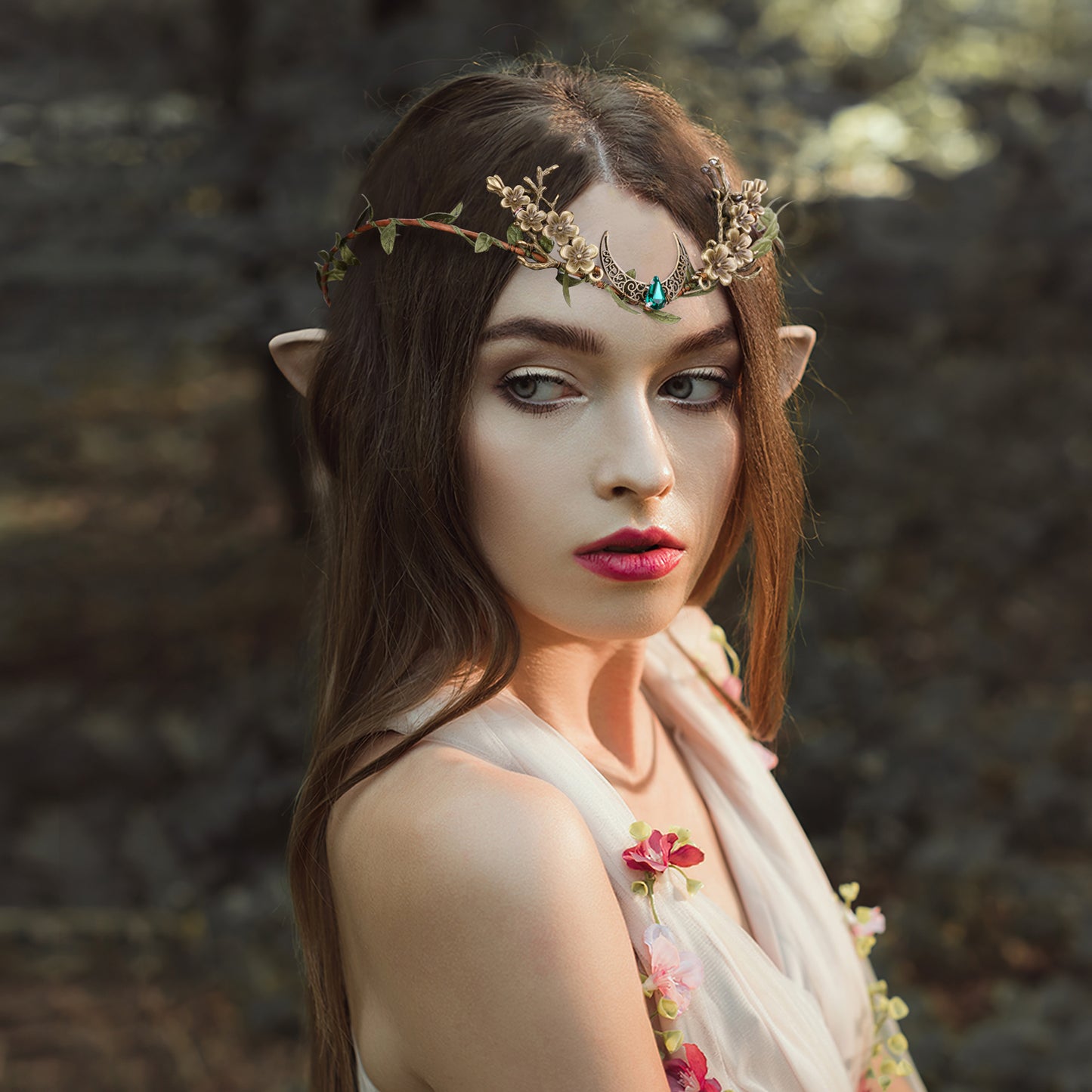 Elf Ears with Wood Leaf Crown: Peach Flower Fairy Circlet, Soft Pointed Elf Ears