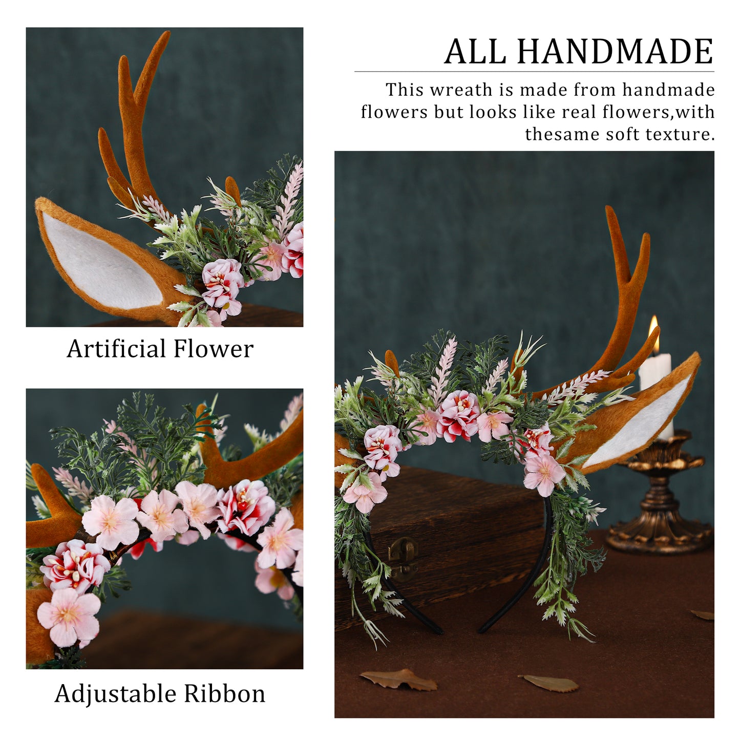 Handmade Antler Headband Brown - Adjustable Reindeer Horns Crown