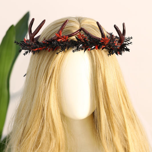 Black Flower Antler Crown - Dark Floral Horns Headpiece