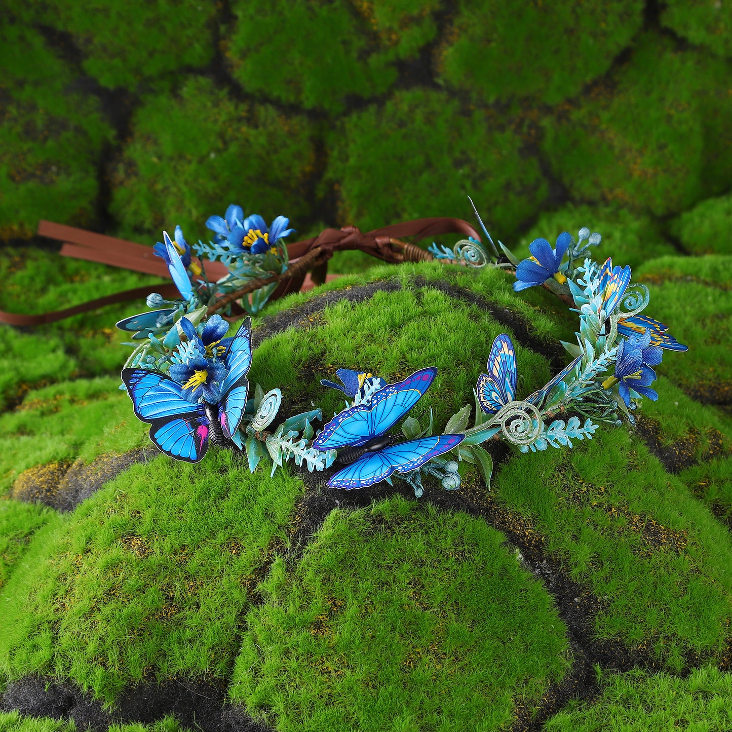 Handmade Blue Flower Butterfly Crown - Floral Elf Crown Woodland Fairy Headpiece Forest ELven Circlet