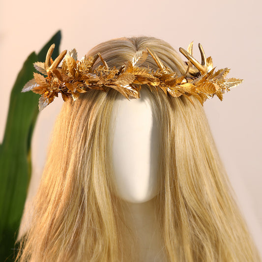 Gold Antler Flower Crown - Floral Fairy Headband Elf Antler Headpiece