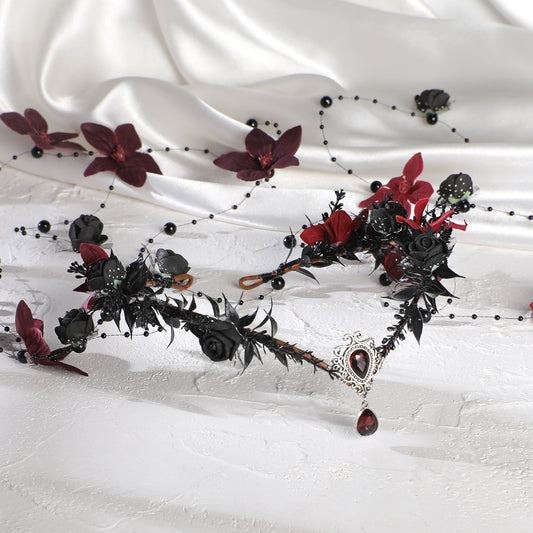 MOSTORY Black Fairy Flower Headpiece - Gothic Floral Headband Dark Elf Crown