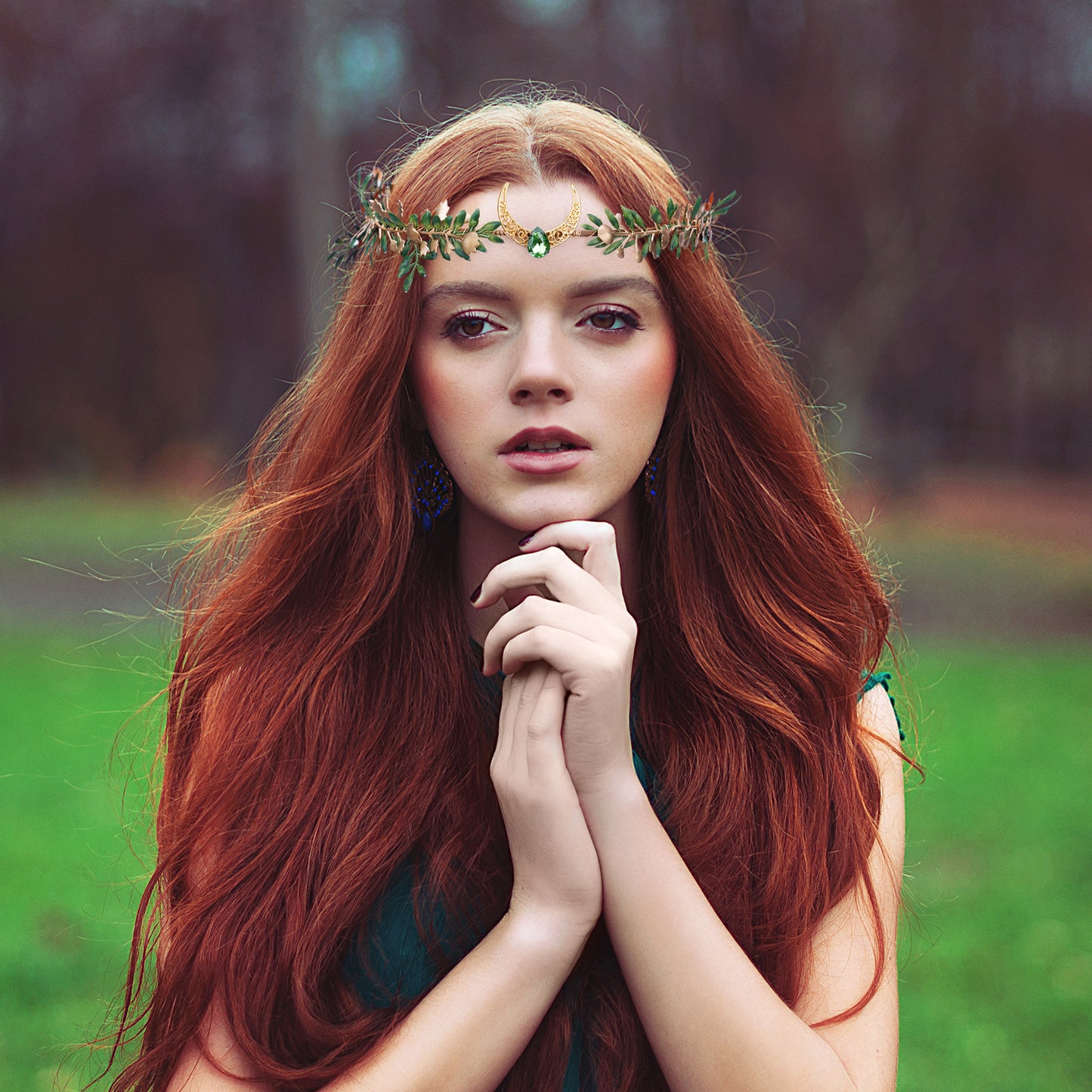 Green Flower Crown Headpiece: Wedding Forest Leaf, Crystal Fairy