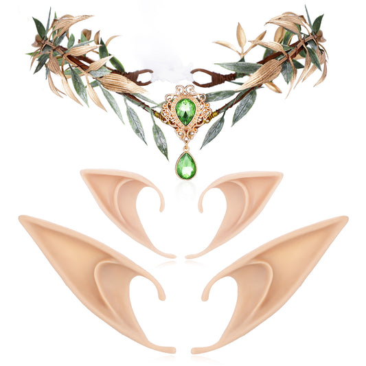 Fairy Leaf Rhinestone Crown with Elf Ears Set