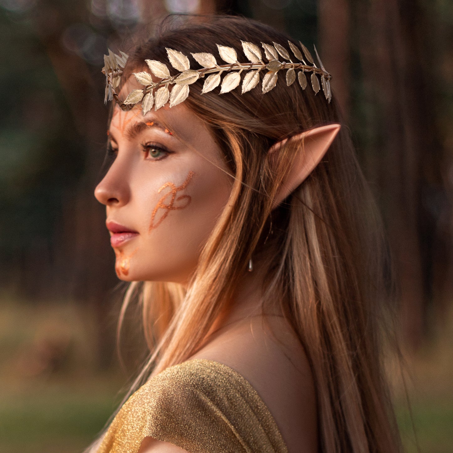 Gold Daisy Leaf Headpiece with 2 Pairs Elf Ears Set