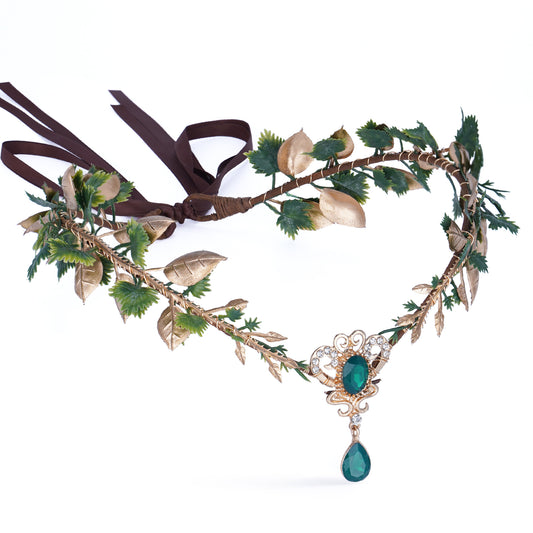 Gold Elf Leaves Circlet for Women Green Crystal