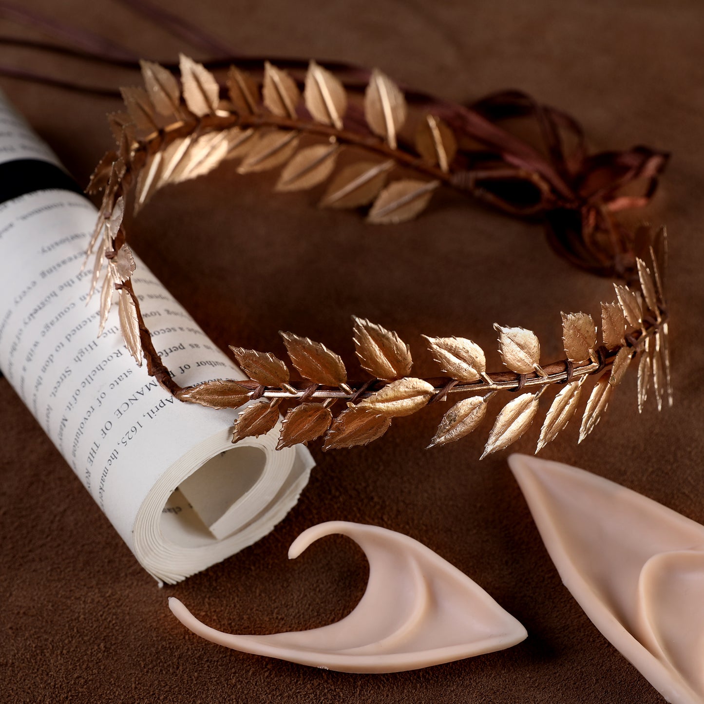 Gold Daisy Leaf Headpiece with 2 Pairs Elf Ears Set