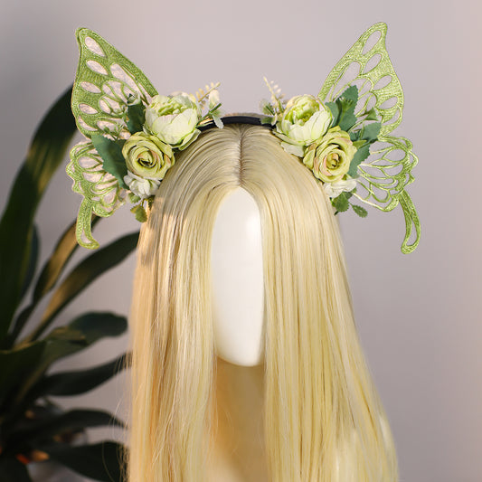 Green Fairy Flower Crown - Butterfly Wings Headband Floral Hairband Woodland Headpiece Fairy Costume