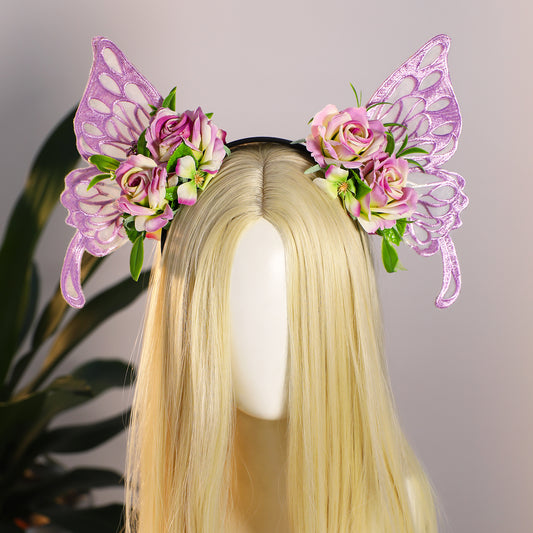 Purple Fairy Wings Crown - Butterfly Flower Headband Elf Woodland Headpiece Floral Hairband for Women Princess