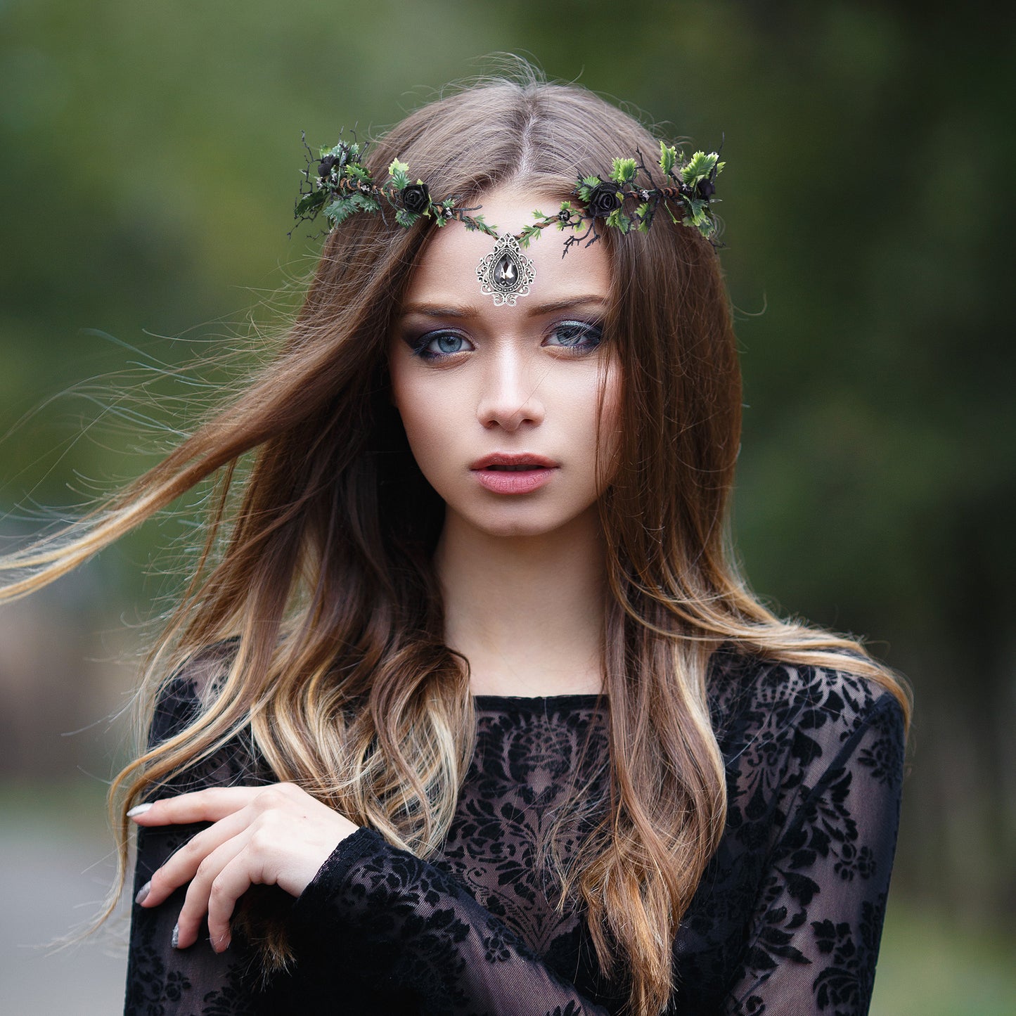 Black Fairy Flower Headband Crystal Elf Crown