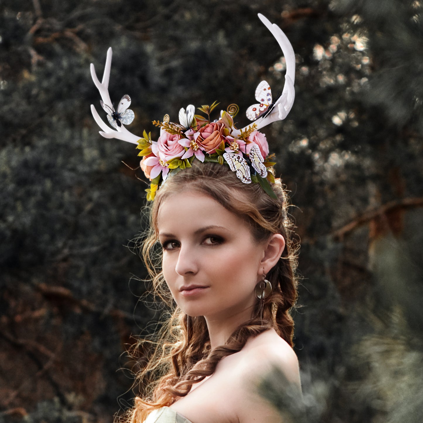 Handmade White Antler Headband: Forest Butterfly Headpiece