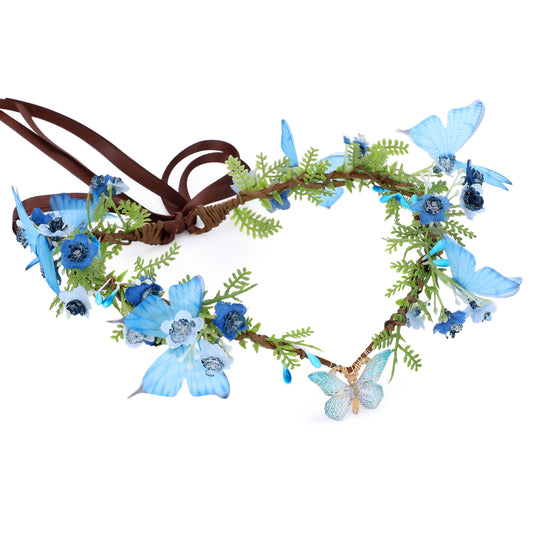 Blue Butterfly Flower Crown - Handmade Fairy Headpiece Floral Tiara