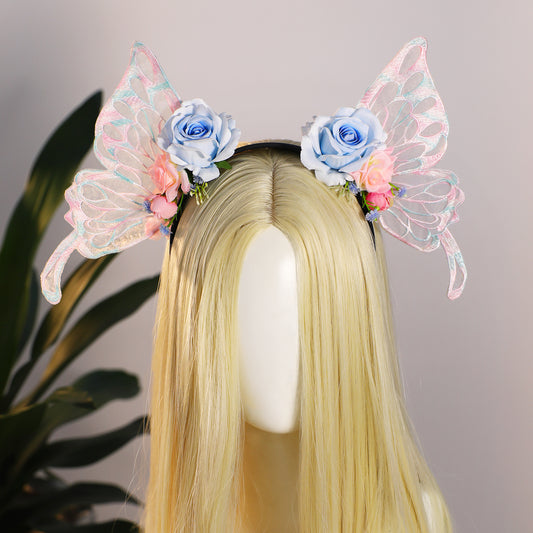 Blue Fairy Butterfly Crown - Flower Headband Wings Woodland Hairband Forest Elven Headpiece Fairy Costume for Women