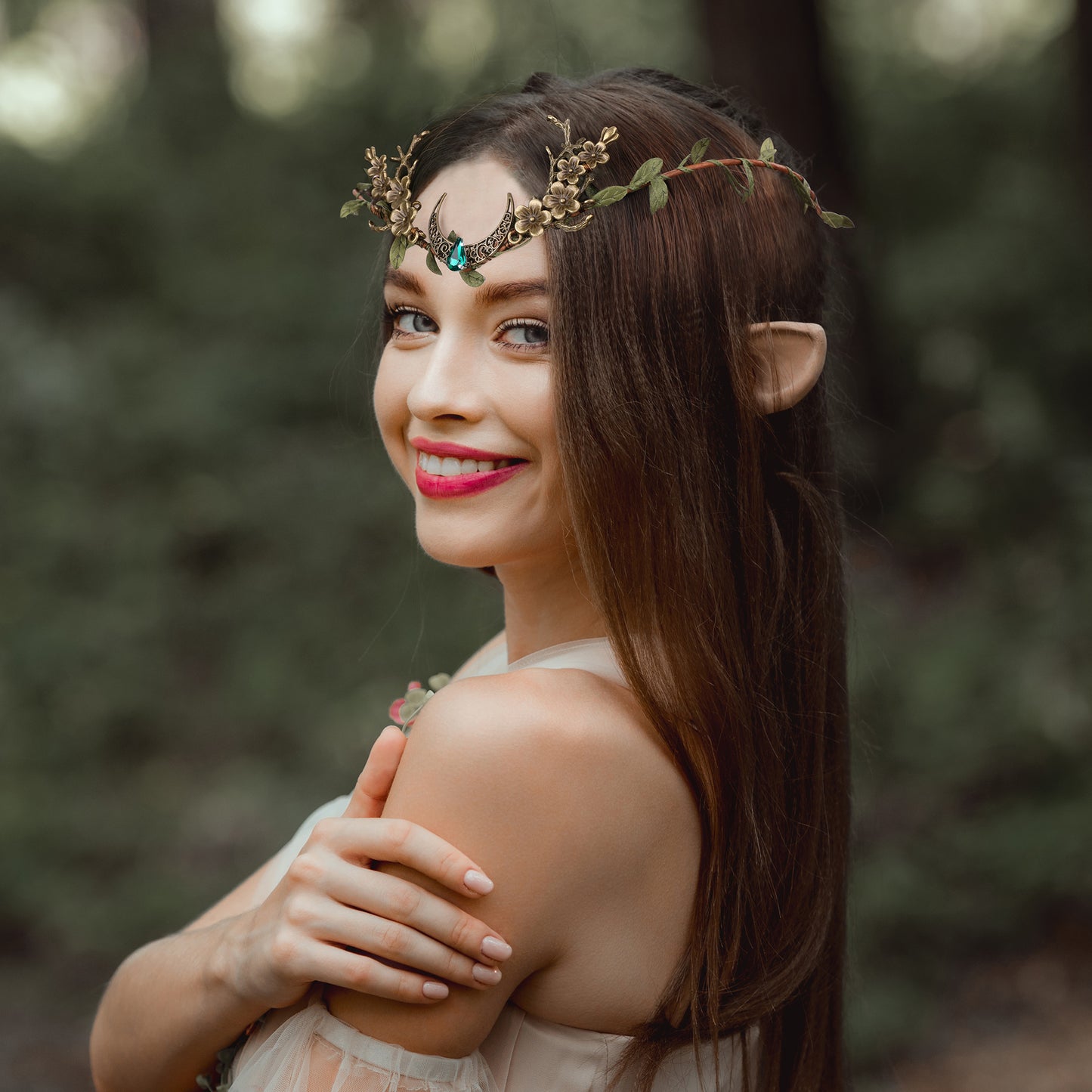 Elf Ears with Wood Leaf Crown: Peach Flower Fairy Circlet, Soft Pointed Elf Ears