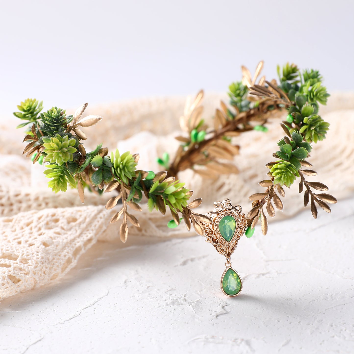 Green Flower Woodland Crown - Handmade Fairy Headpiece Forest Elf Crown