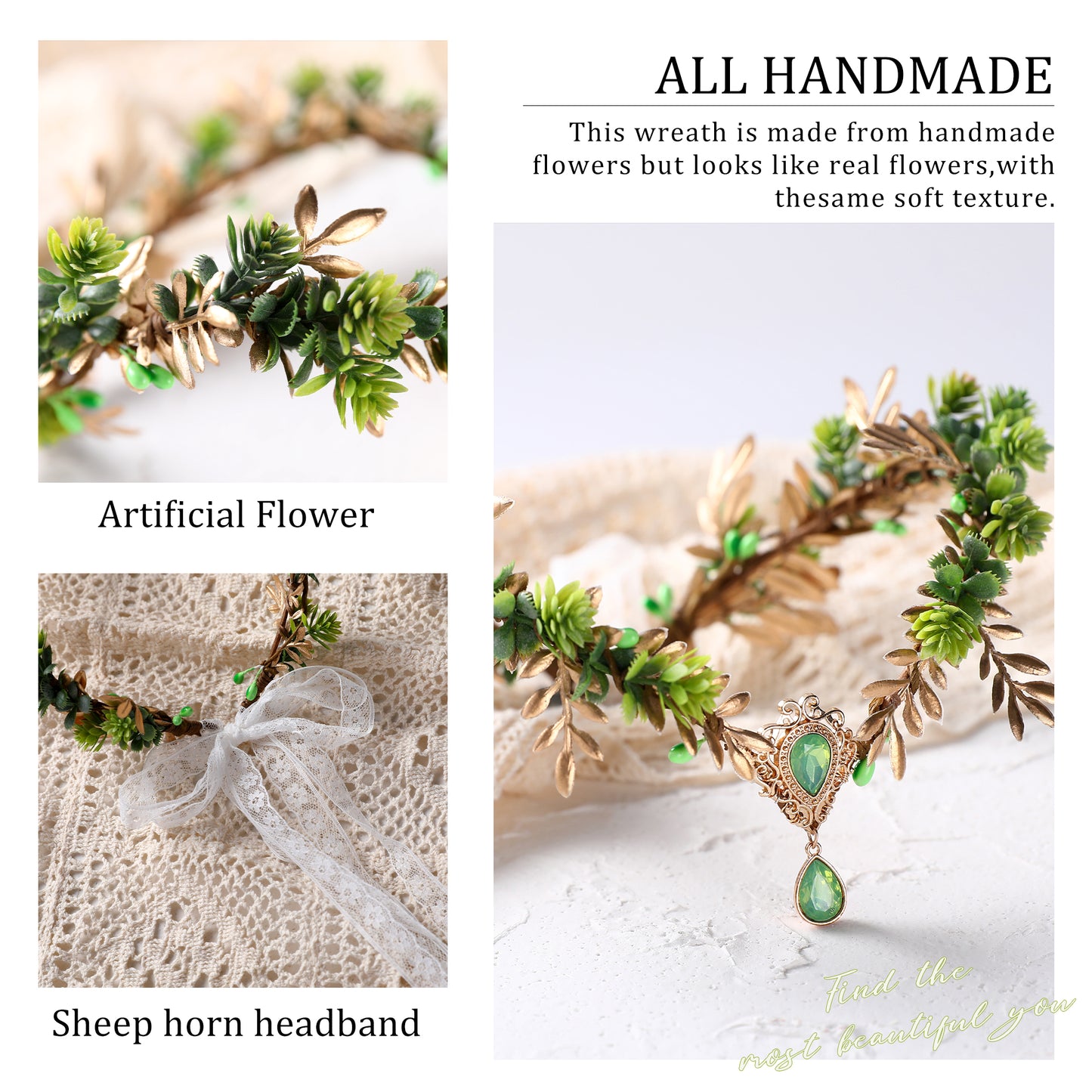 Green Flower Woodland Crown - Handmade Fairy Headpiece Forest Elf Crown