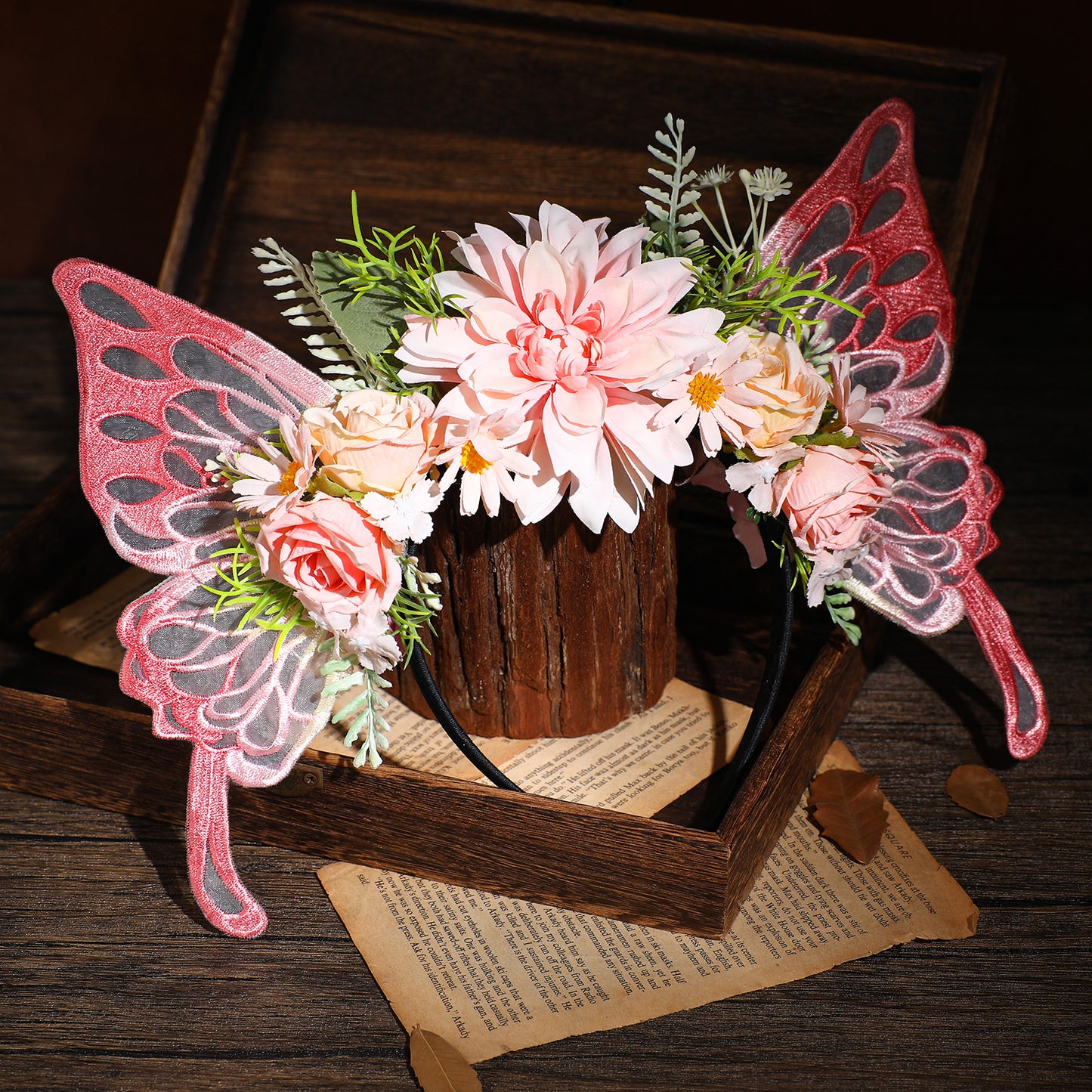 Pink Butterfly Fairy Crown - Flower Headband with Wings Woodland Floral Hairband Forest Elf Headpiece for Women