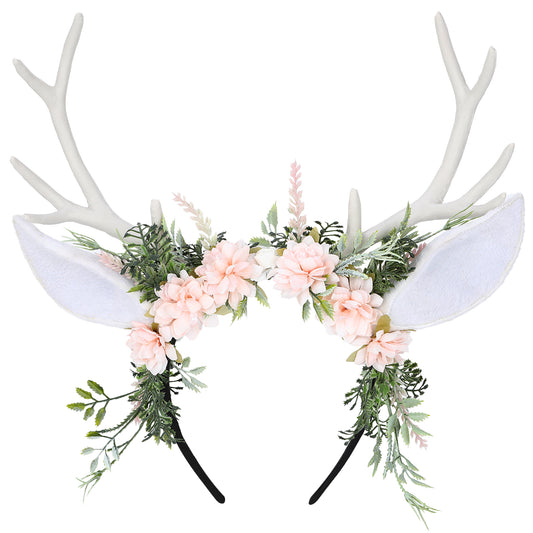 Handmade Deer Ear Flower Antler Headband - Woodland Floral Reindeer Hairband F