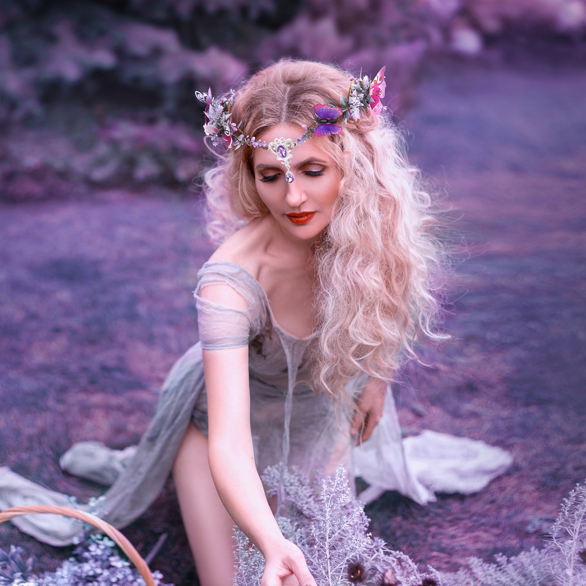 lavender flower fairy costume MOSTORY Butterfly Fascinator Headband Wings Fairy Crown Woodland Elf Headpiece Lavender Flower Circlet Tiara Cosplay Costumes for Women Girls Party Carnival Halloween Birthday Purple