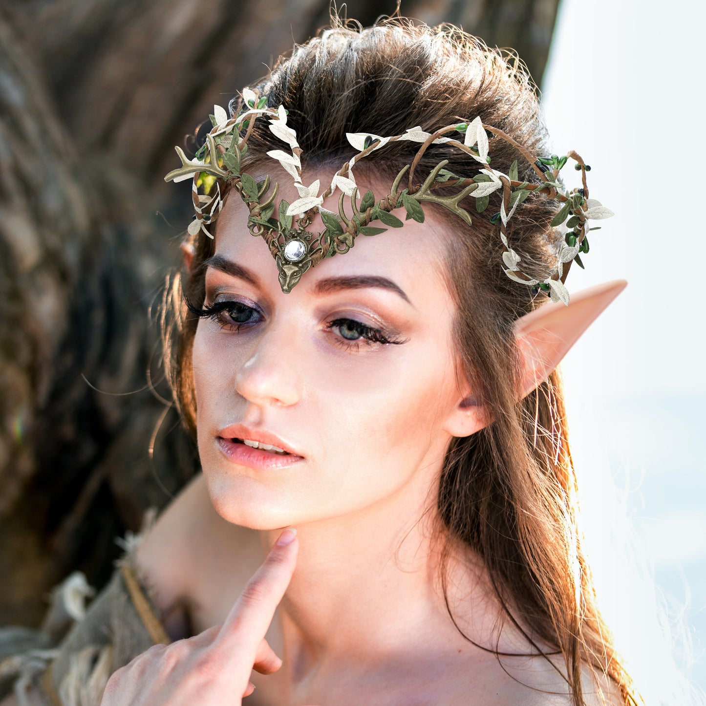 Pixie Ears and Green Leaves Circlet: Woodland Fairy Headpiece