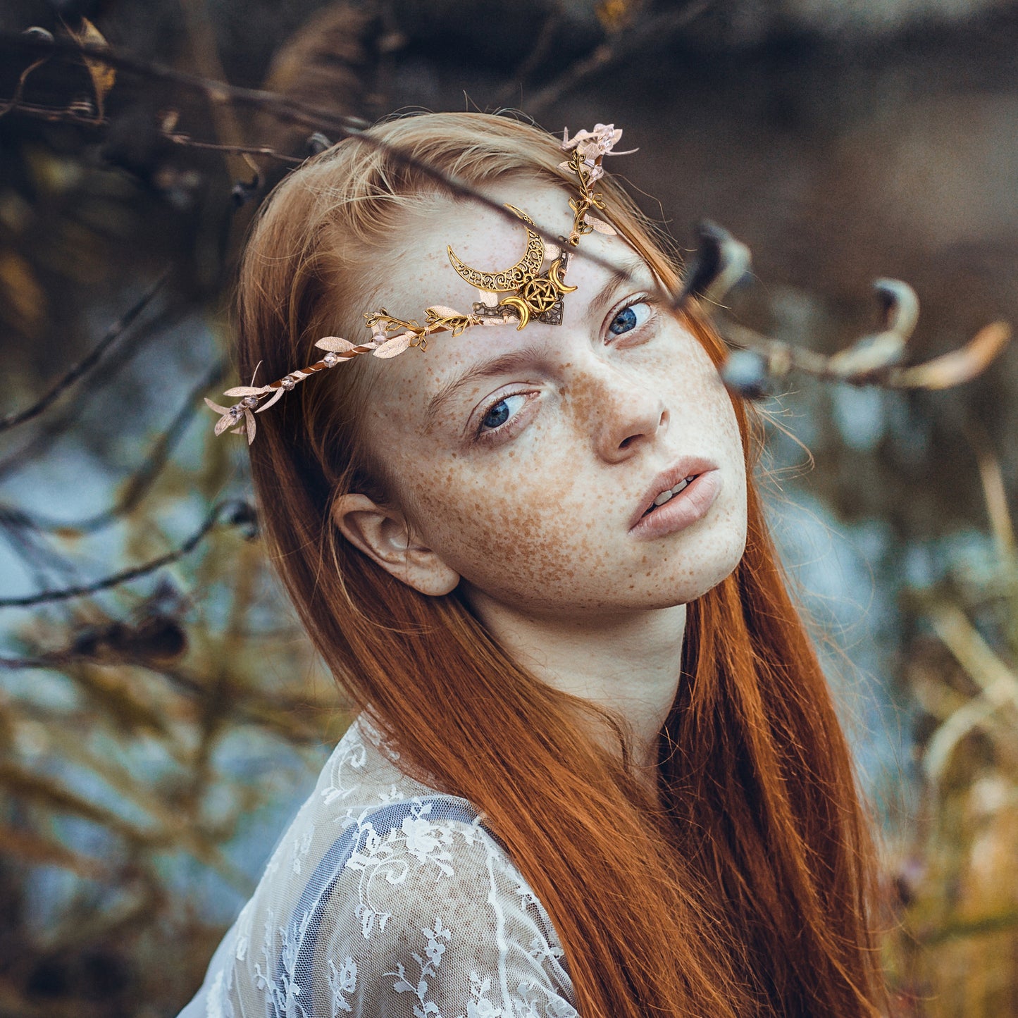 Gold Fairy Crown Moon Branch Headpiece Woodland Elf Headband