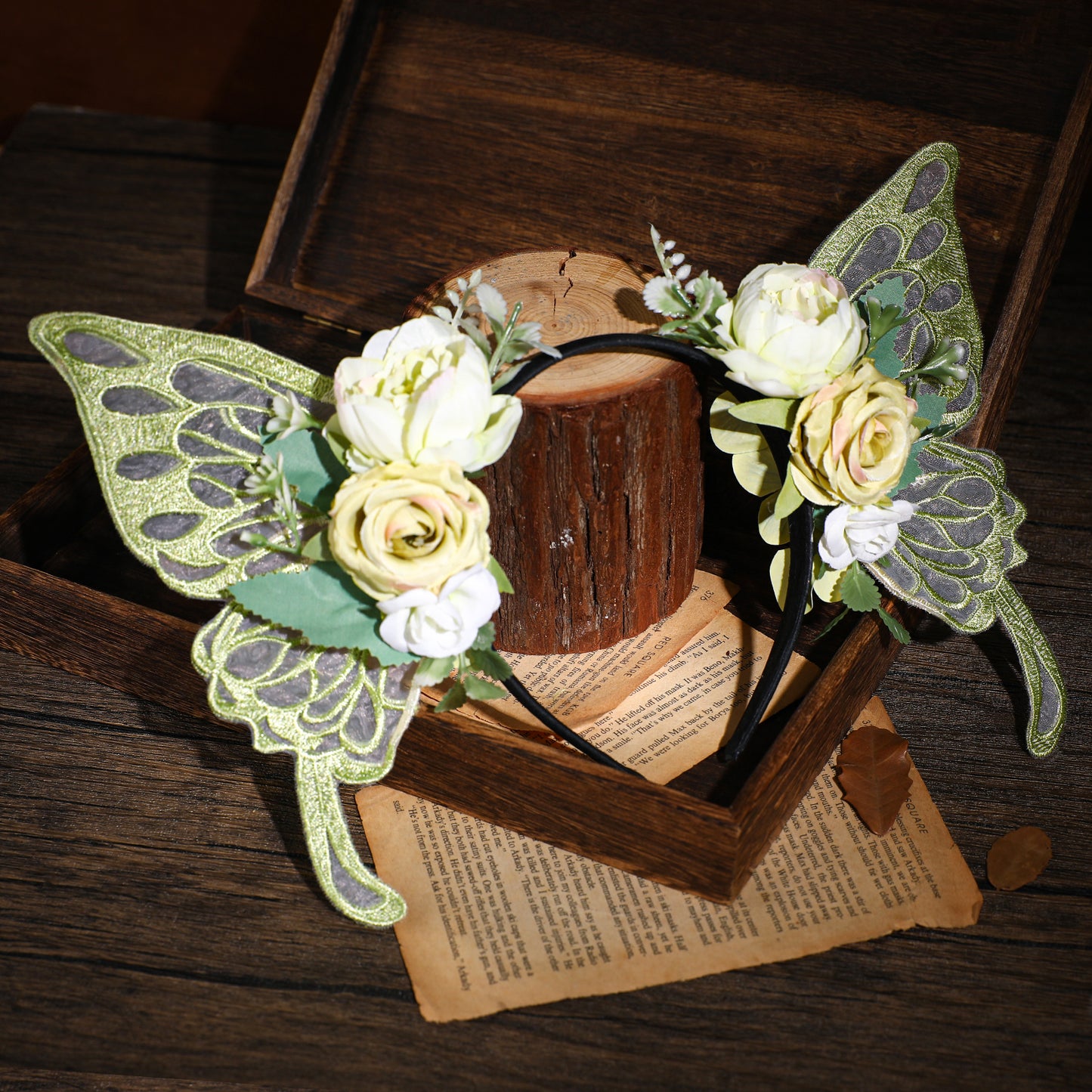 Green Fairy Flower Crown - Butterfly Wings Headband Floral Hairband Woodland Headpiece Fairy Costume