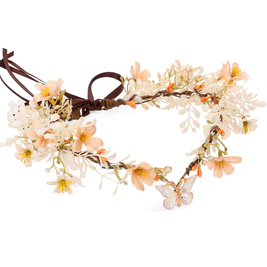 Handmade Fairy Flower Crown - Yellow Elf Headpiece with Butterfly Woodland Floral Tiara