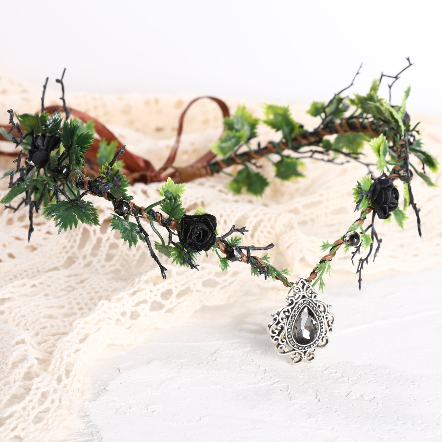 Black Fairy Flower Headband Crystal Elf Crown