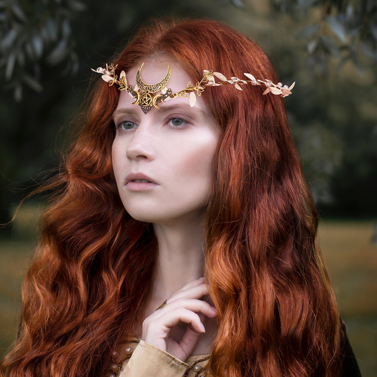 Gold Fairy Crown Moon Branch Headpiece Woodland Elf Headband