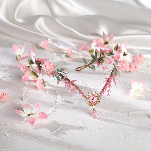 MOSTORY Pink Flower Fairy Crown - Woodland Elf Crown Floral Headpiece