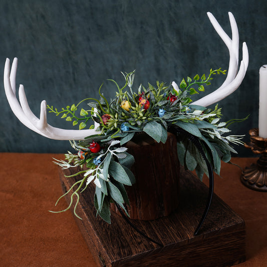 Handmade White Antler Headband: Green Leaves Woodland Crown