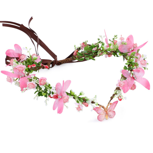 Pink Elf Flower Crown - Handmade Butterfly Fairy Headpiece Floral Circlet