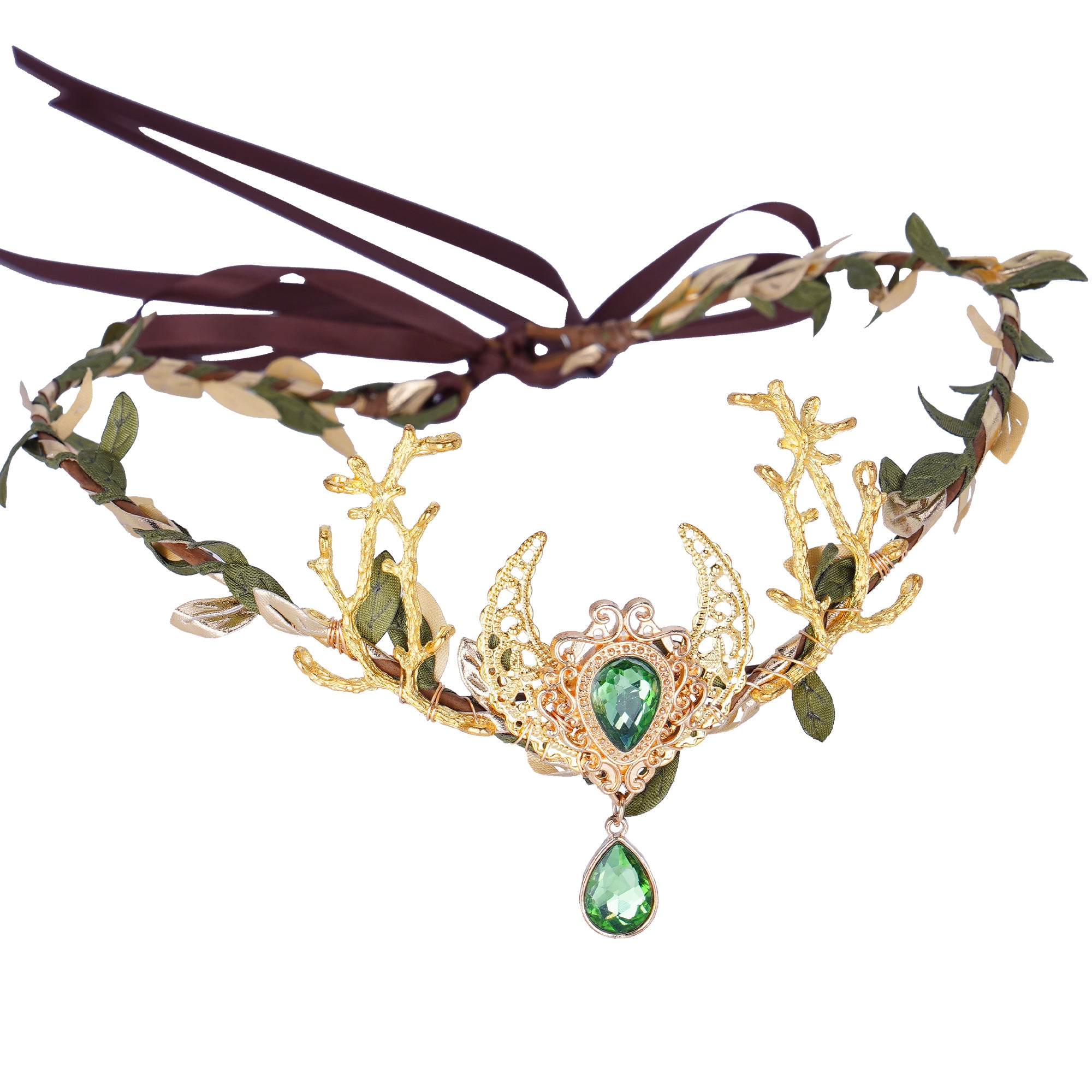 MOSTORY Handmade Emerald Crystal Elven Circlet Golden Fairy Moon Crown ...