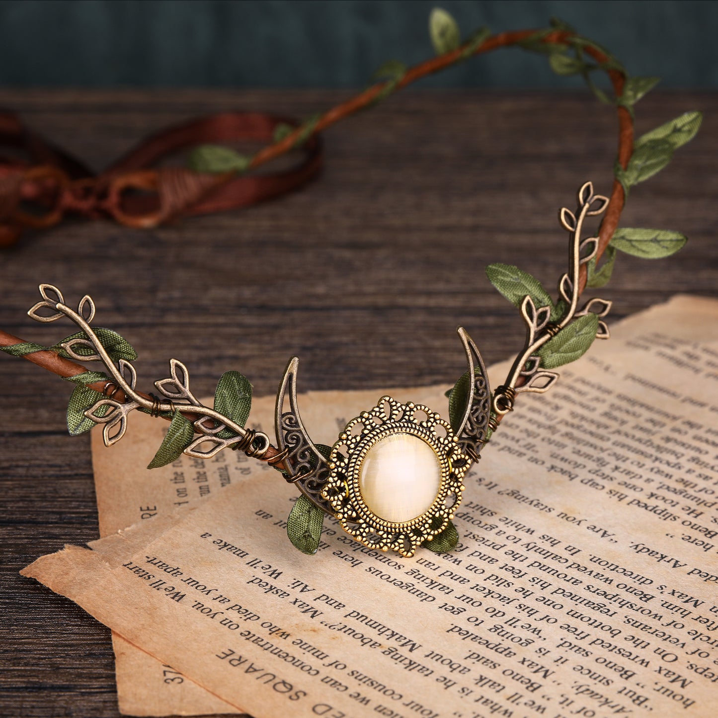 Elf Ears with Woodland Moon: Forest Headpiece, Fairy Leaf Crown