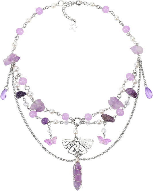MOSTORY Fairy Ren Faire Purple Layered Beaded Charm Necklace