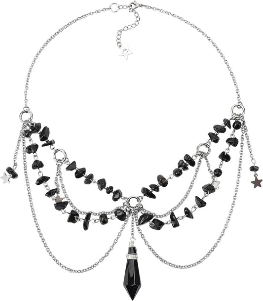 MOSTORY Black Ren Faire Layered Crystal Necklace
