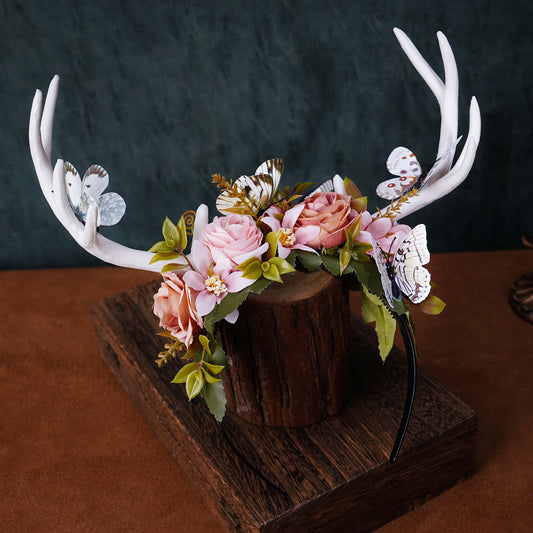 Handmade White Antler Headband: Forest Butterfly Headpiece