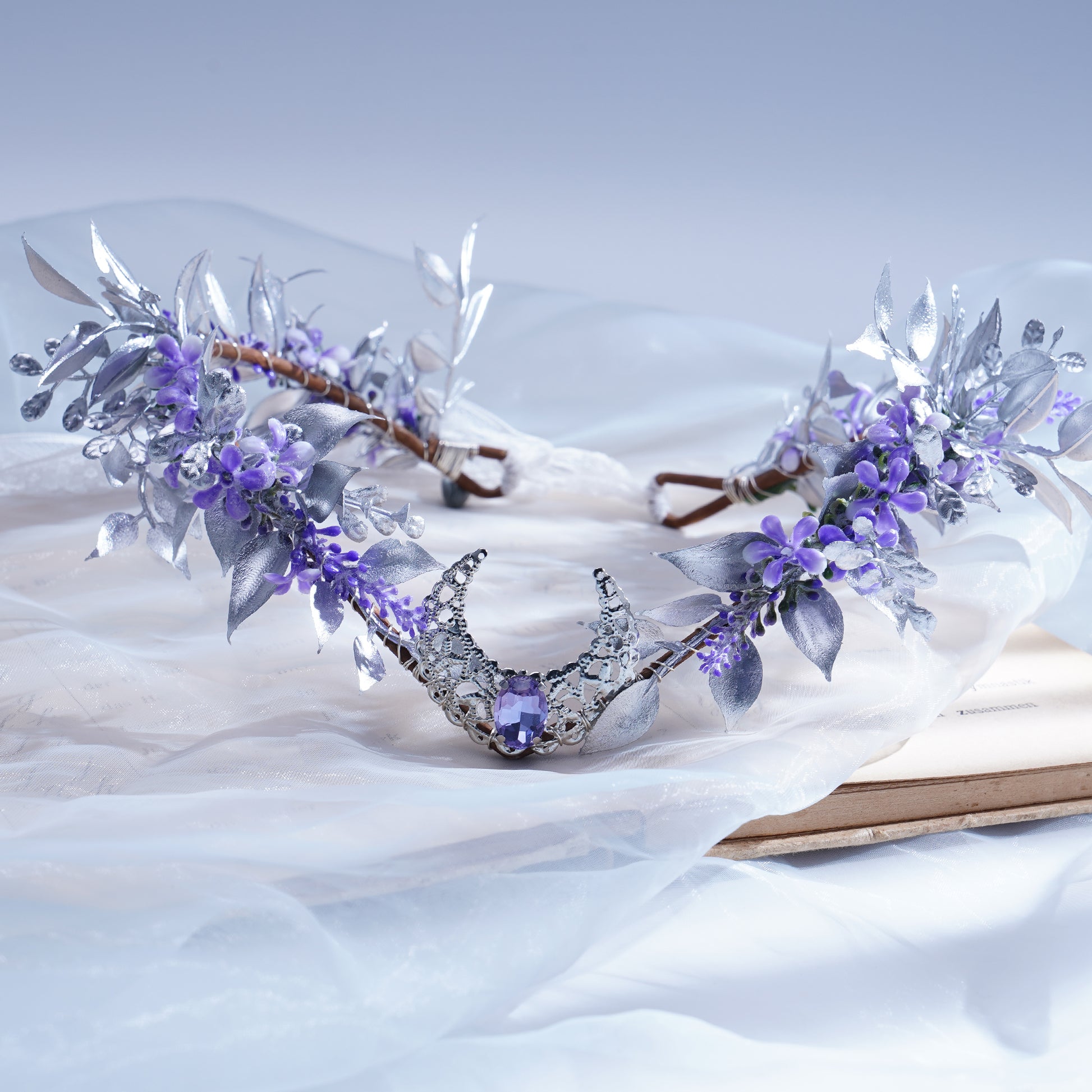lavender flower crown wedding MOSTORY Fairy Purple Flower Headband Woodland Lavender Headpiece Silver Wedding Crown for Women Girls Cosplay Accessory Bridal Maternity Birthday Christmas Renaissance Photography