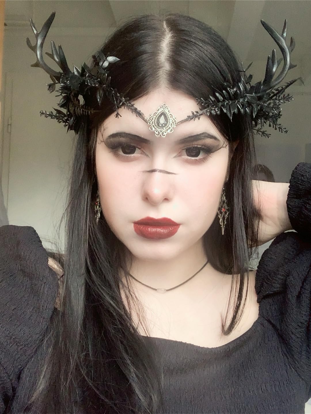 Black Flower Antler Crown for Gothic Fairy Looks - view 2