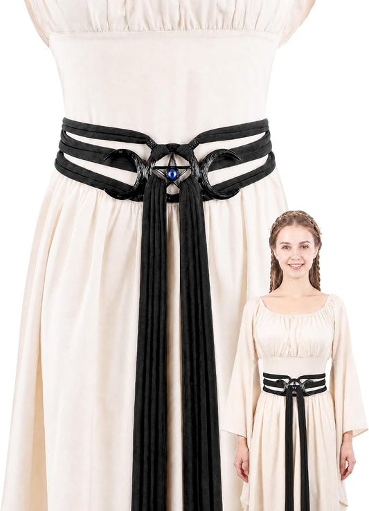 MOSTORY Medieval Belt for Women – Black Woven Moon Buckle