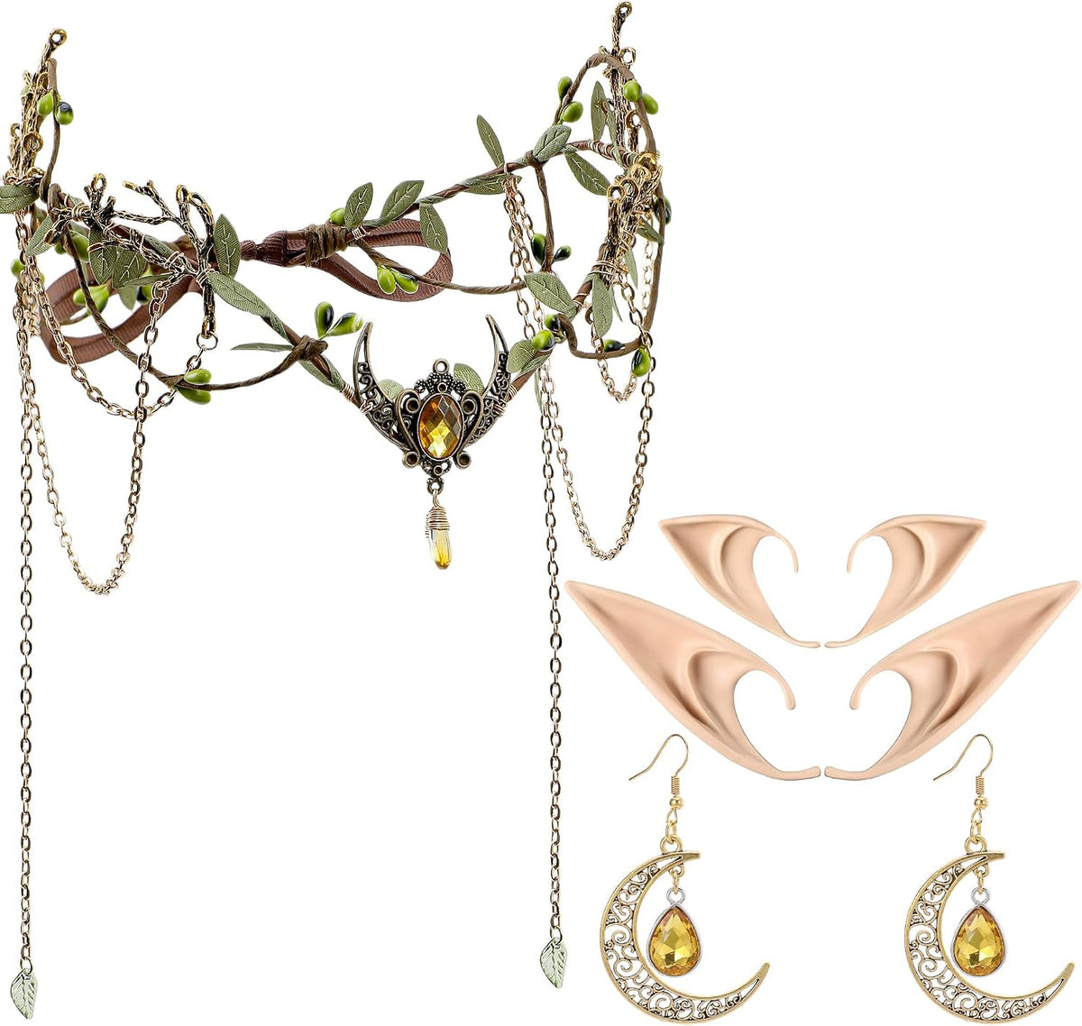MOSTORY Bronze Elf Crown, Elf Ears & Viking Moon Earrings Set