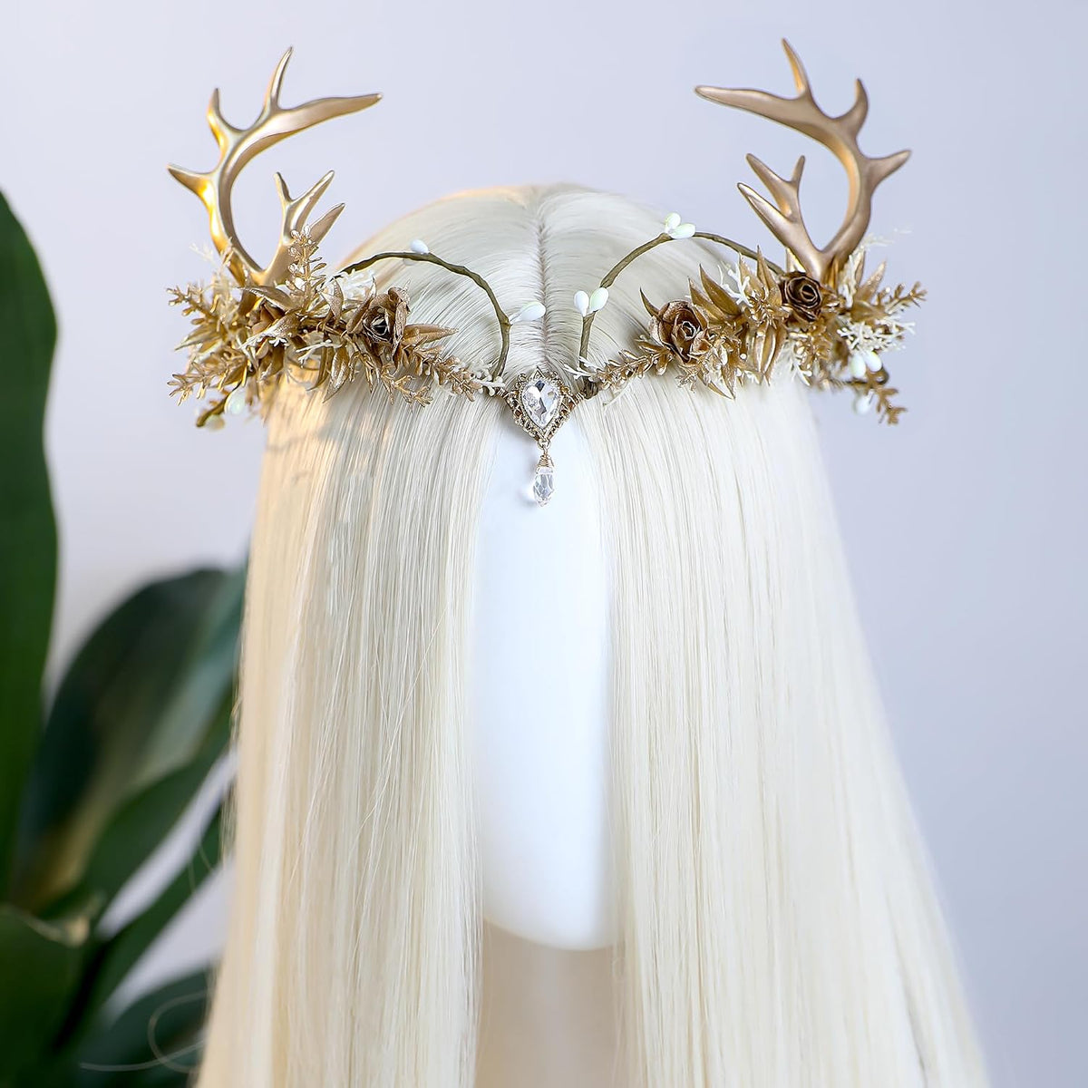 Gold Fairy Antler Crown – Floral Elf Circlet for Renfaire