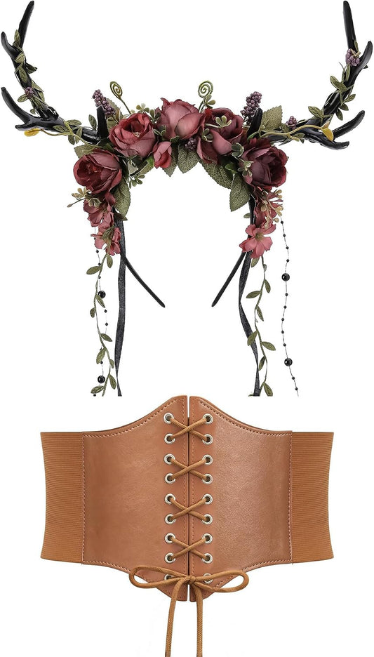 MOSTORY Black Corset Belt & Flower Antler Headband Set